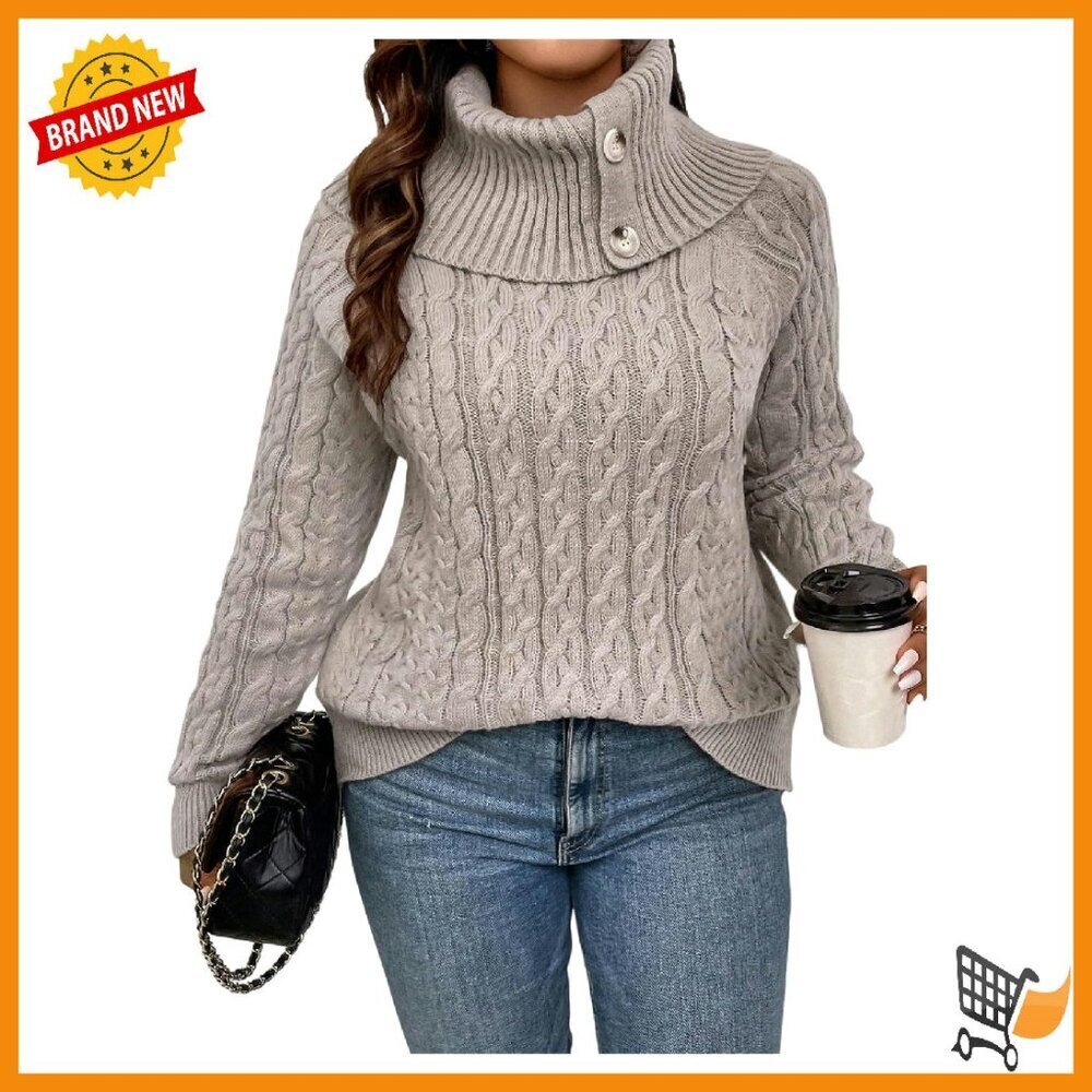 Plus Size Cable Knit Turtleneck Sweater Long Sleeve Pullover